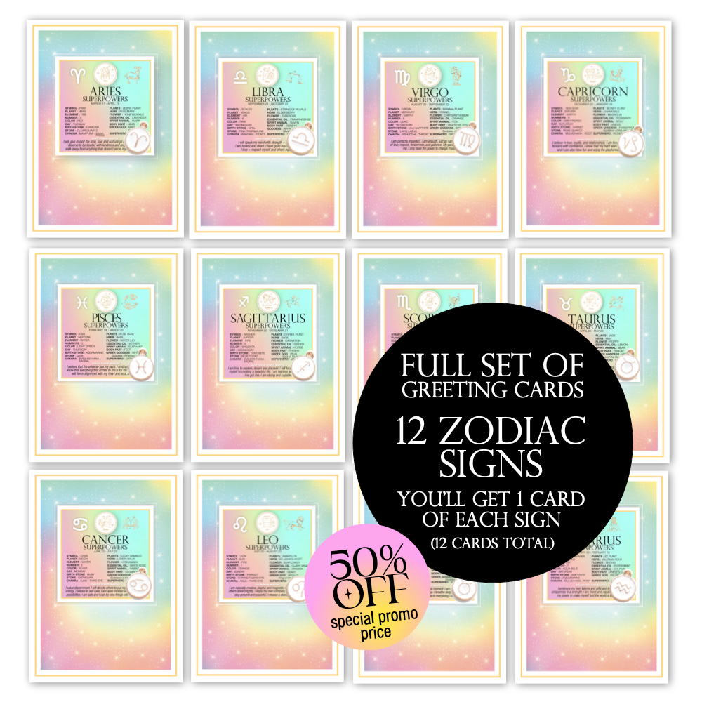 12 ZODIAC SIGN GREETING CARDS 50% OFF PROMO